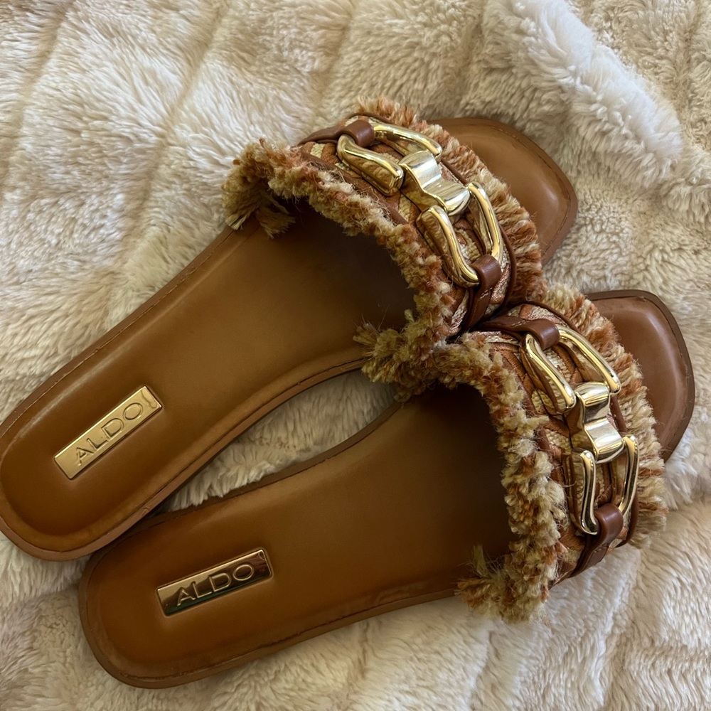 Aldo Tan and Gold Women's Furry Slide Sandals